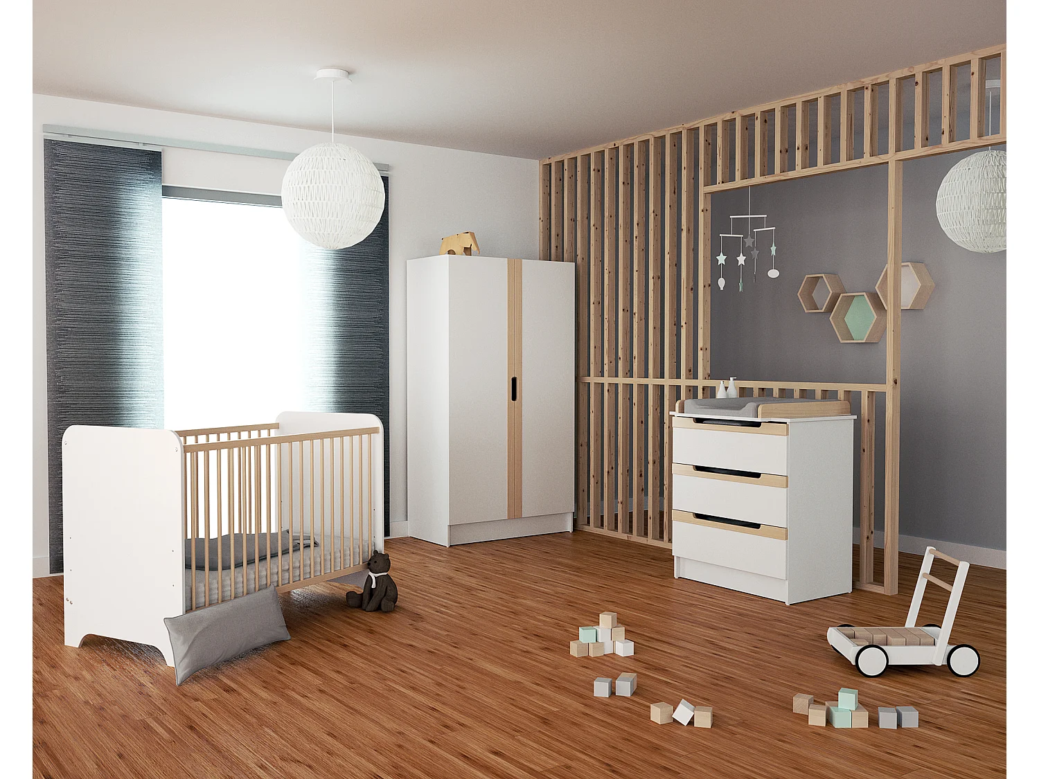 Dormitorio bebé con cuna, cambiador y armario CARROUSEL madera - Blanco/Haya Barnizada - 60 x 120