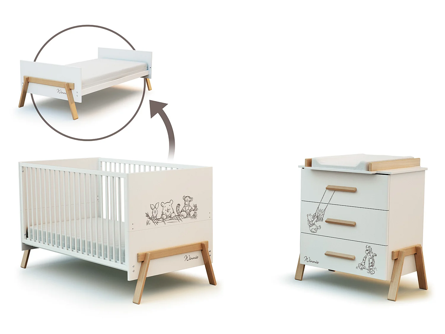 Babyzimmer Bett und Wickelkommode CANAILLE Holz Weiß und Buche Lackiert 70 x 140