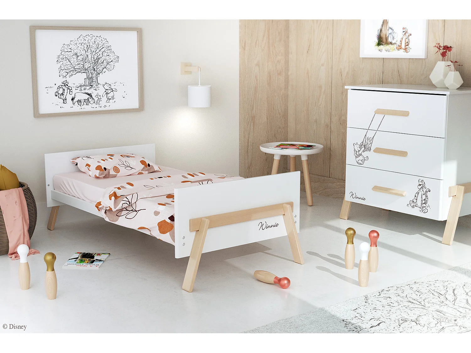 Babyzimmer Bett und Wickelkommode CANAILLE Holz Weiß und Buche Lackiert 70 x 140