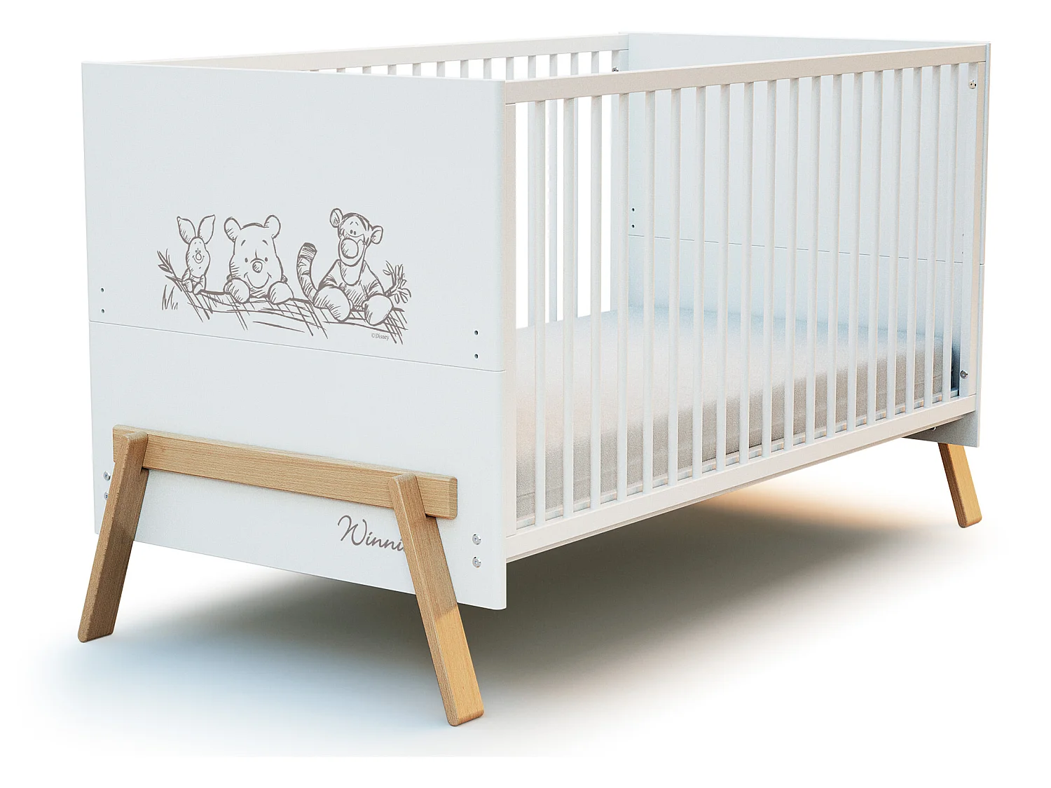 Babyzimmer Bett und Wickelkommode CANAILLE Holz Weiß und Buche Lackiert 70 x 140