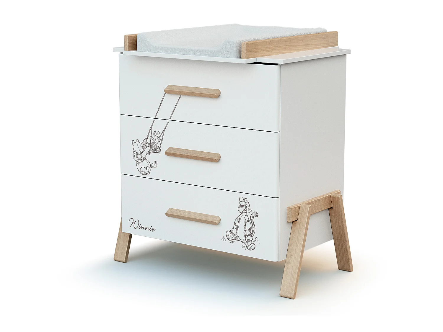 Babyzimmer Bett und Wickelkommode CANAILLE Holz Weiß und Buche Lackiert 70 x 140