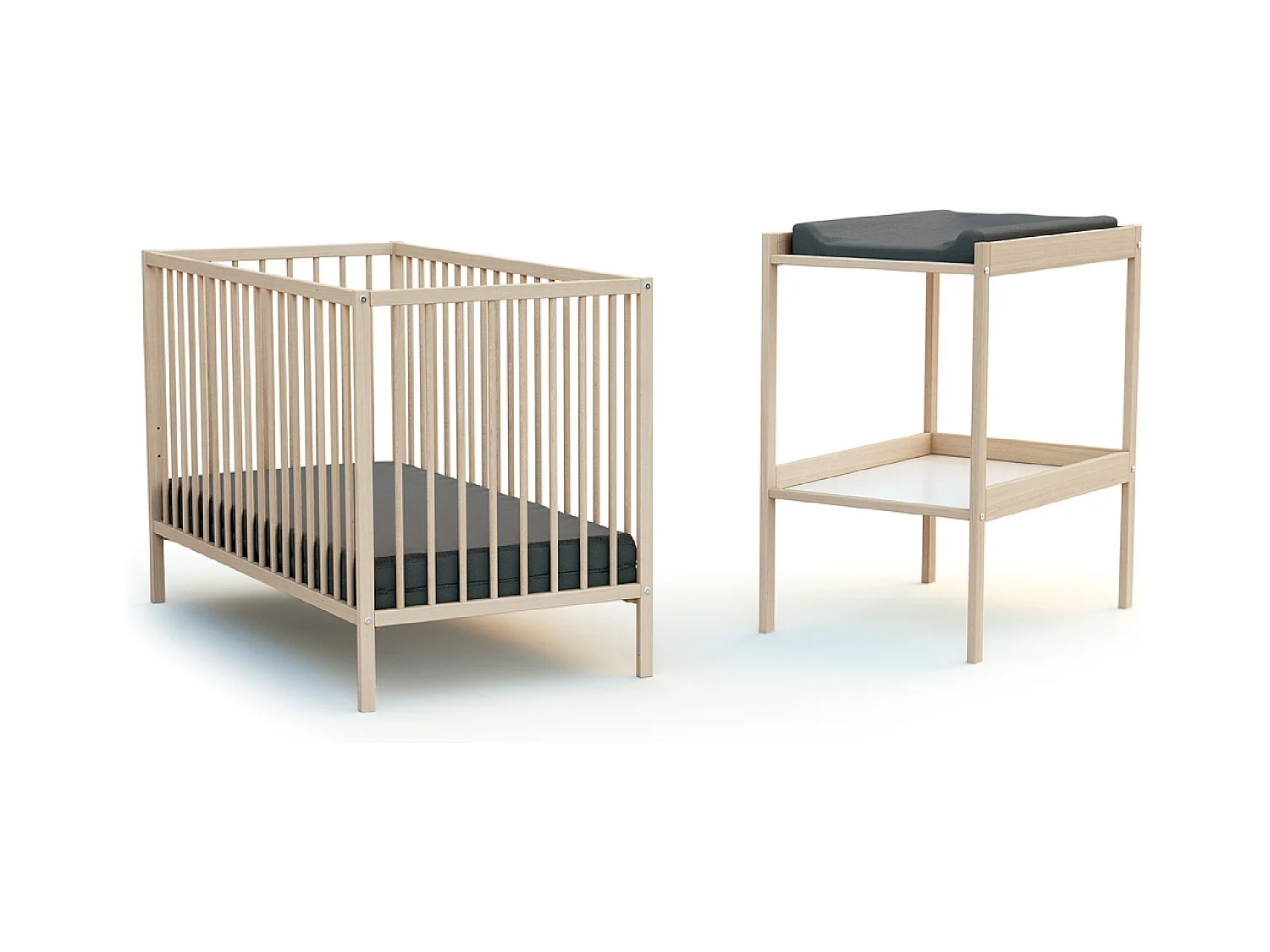 Babykamerbed en luiertafel in hout Beuken onbewerkt