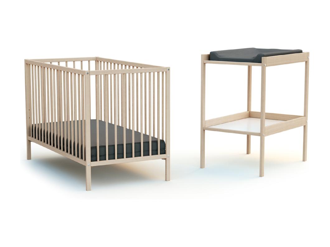 Cuna bebé y meuble cambiador madera - Haya Cruda - 60 x 120