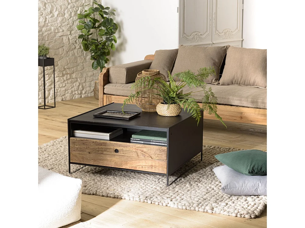 DANDY - Table basse noire 80x80cm 1 tiroir bois Pin recyclé et métal