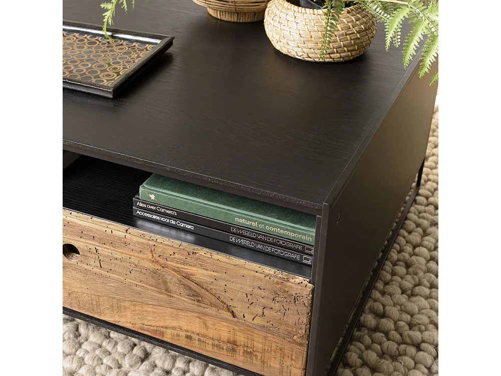 DANDY - Table basse noire 80x80cm 1 tiroir bois Pin recyclé et métal