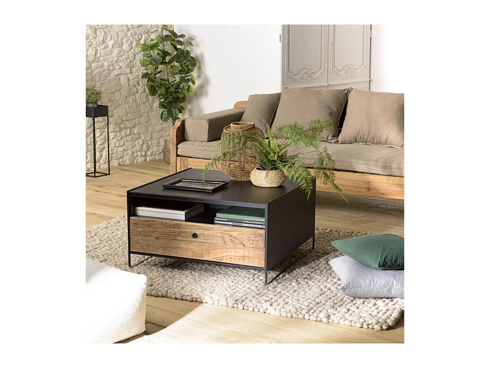 DANDY - Table basse noire 80x80cm 1 tiroir bois Pin recyclé et métal
