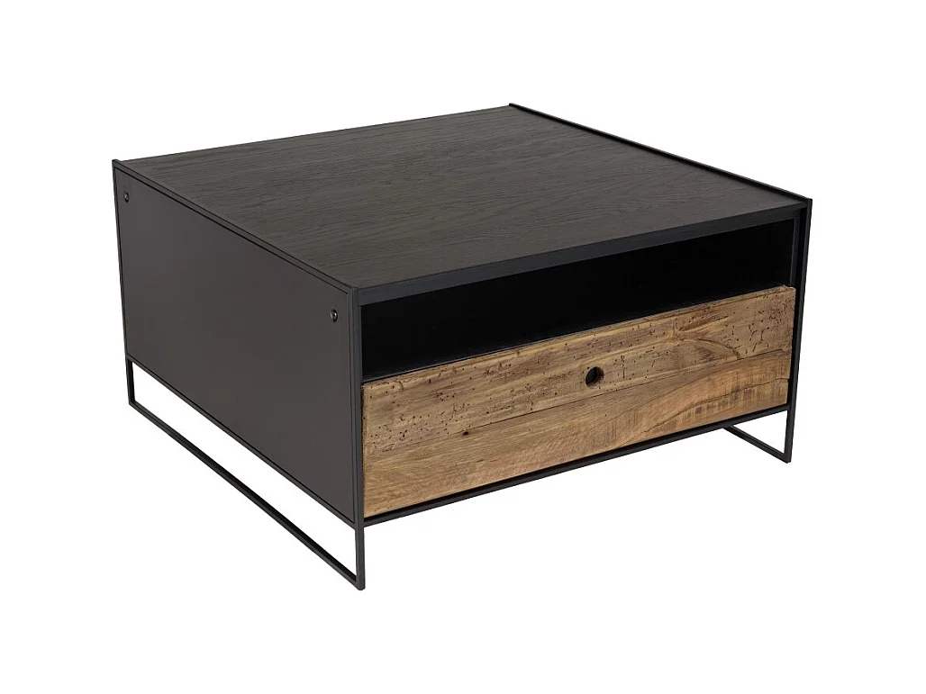 DANDY - Table basse noire 80x80cm 1 tiroir bois Pin recyclé et métal