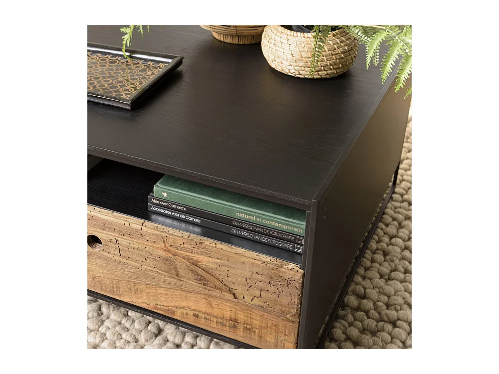 DANDY - Table basse noire 80x80cm 1 tiroir bois Pin recyclé et métal