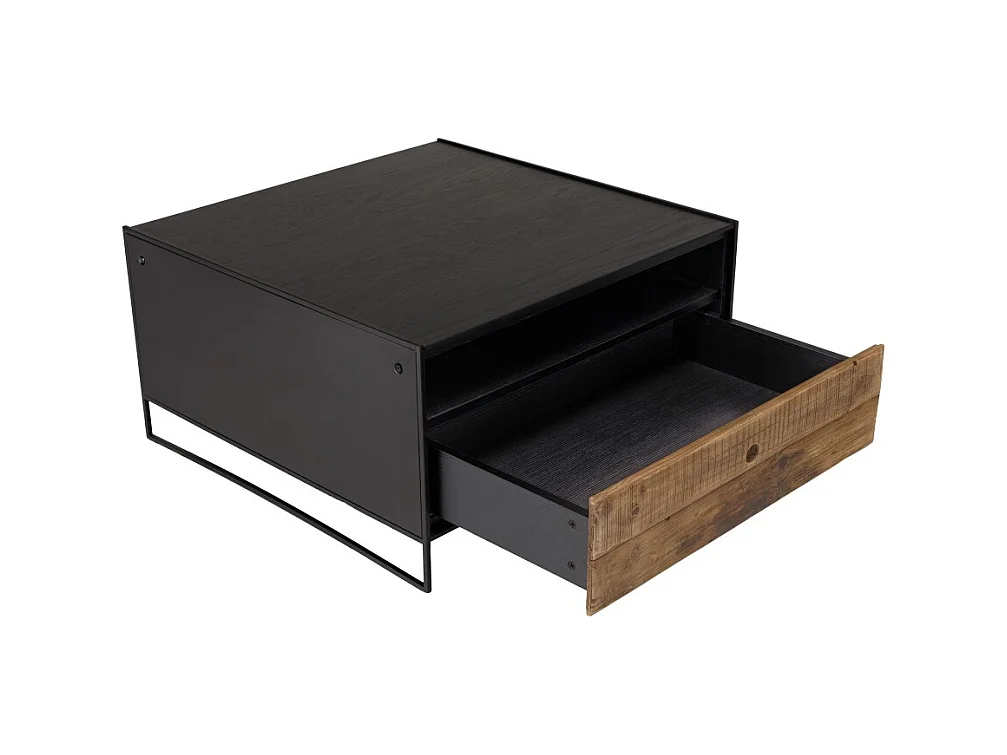 DANDY - Table basse noire 80x80cm 1 tiroir bois Pin recyclé et métal