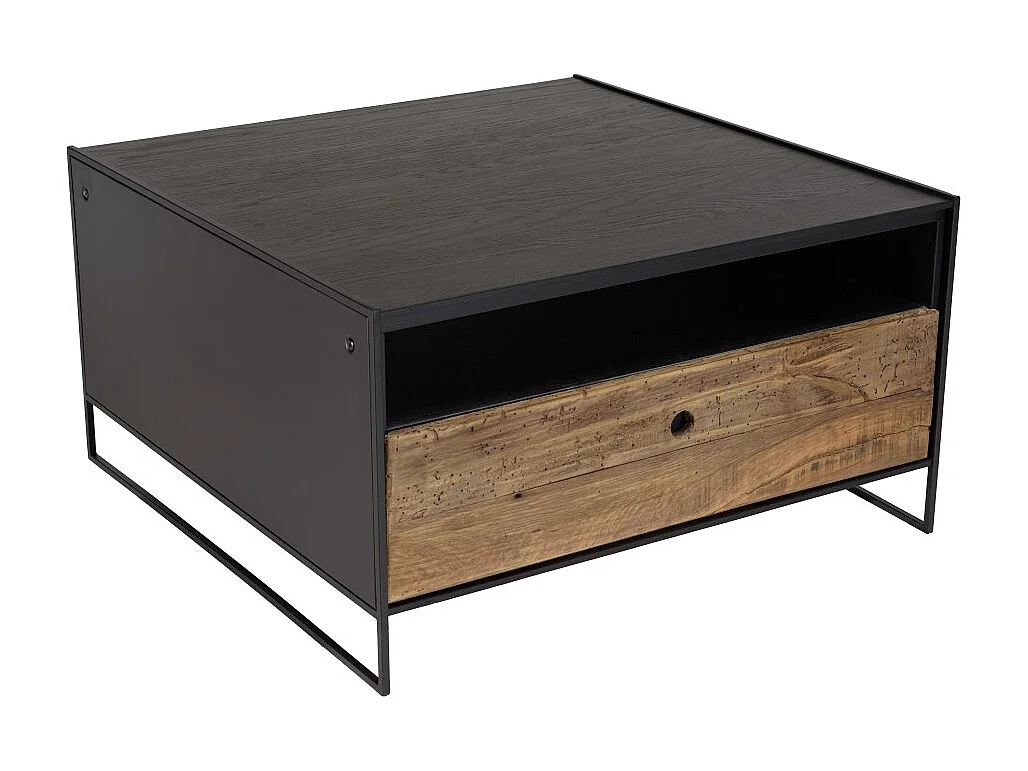 DANDY - Table basse noire 80x80cm 1 tiroir bois Pin recyclé et métal