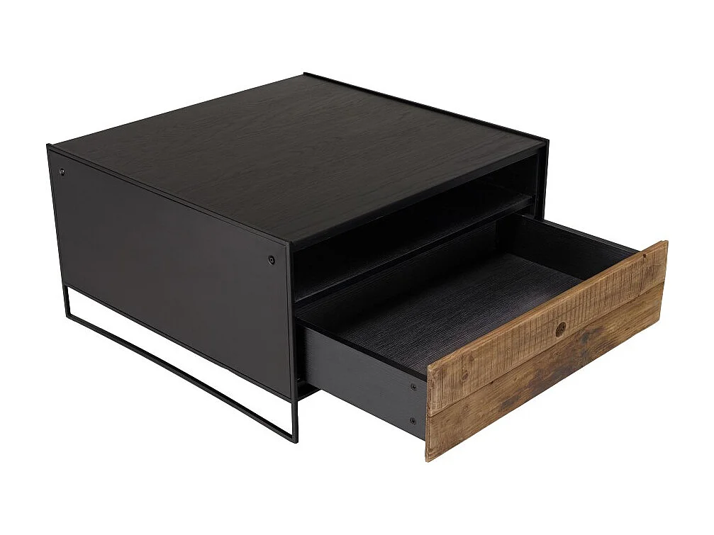 DANDY - Table basse noire 80x80cm 1 tiroir bois Pin recyclé et métal