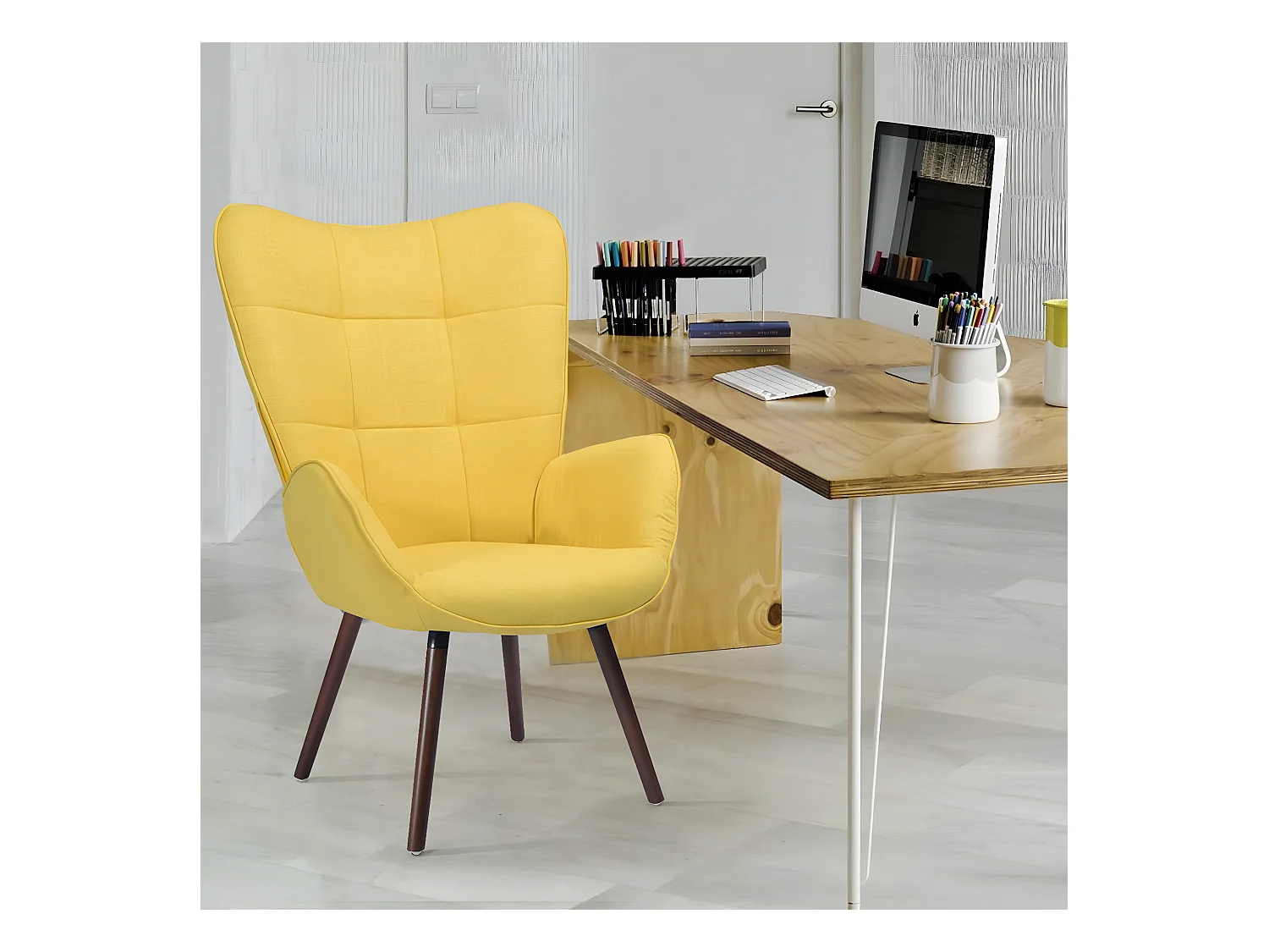 Fauteuil de Salon Canapé 1 Place avec Un Revêtement en Tissu Jaune, des Accoudoirs Rembourés et des Pieds en Bois Massif Hêtre