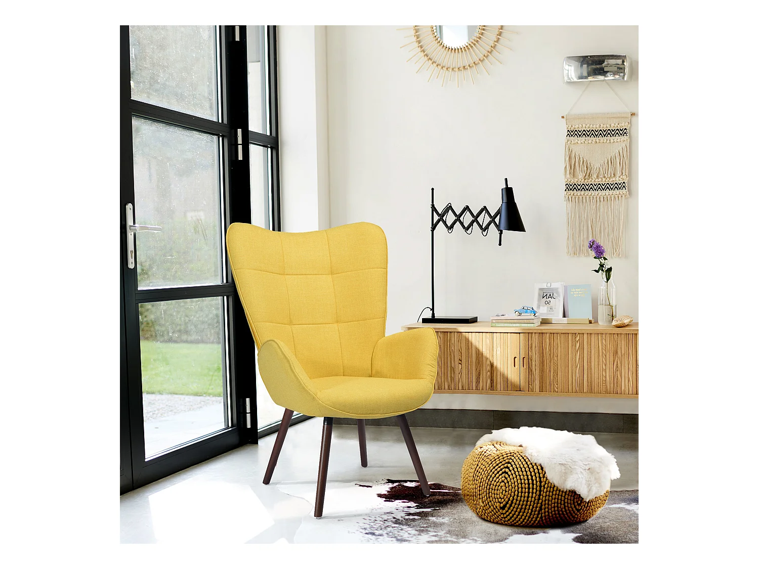 Fauteuil de Salon Canapé 1 Place avec Un Revêtement en Tissu Jaune, des Accoudoirs Rembourés et des Pieds en Bois Massif Hêtre