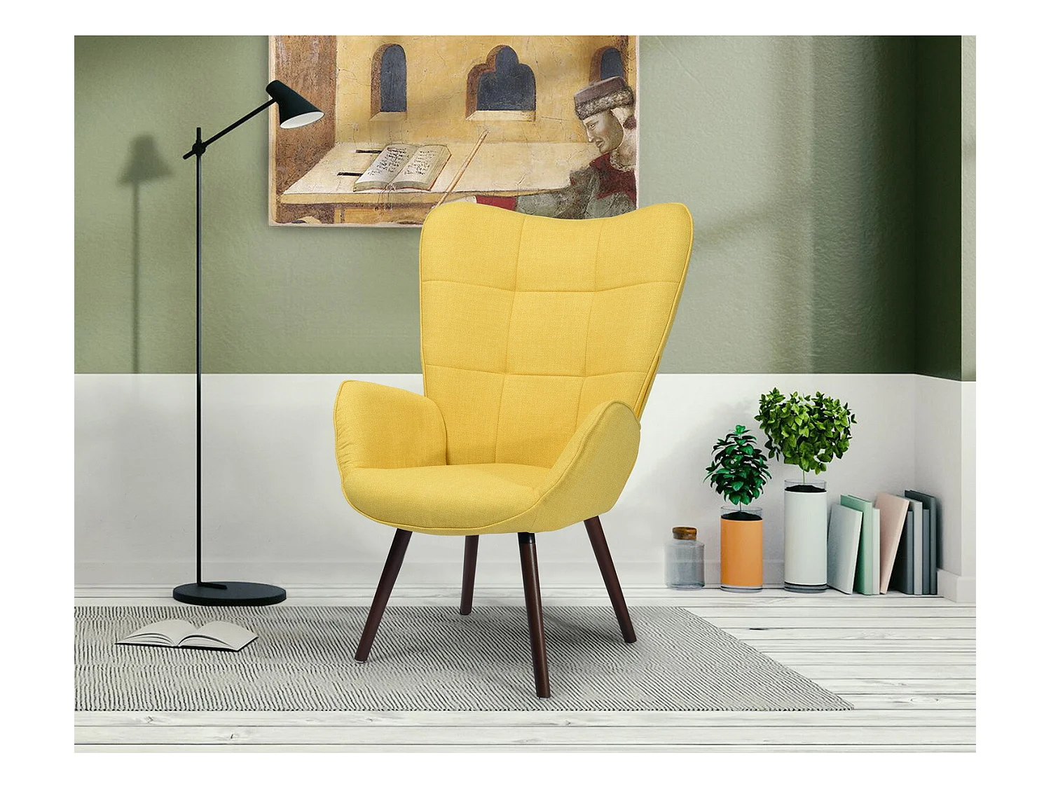 Fauteuil de Salon Canapé 1 Place avec Un Revêtement en Tissu Jaune, des Accoudoirs Rembourés et des Pieds en Bois Massif Hêtre