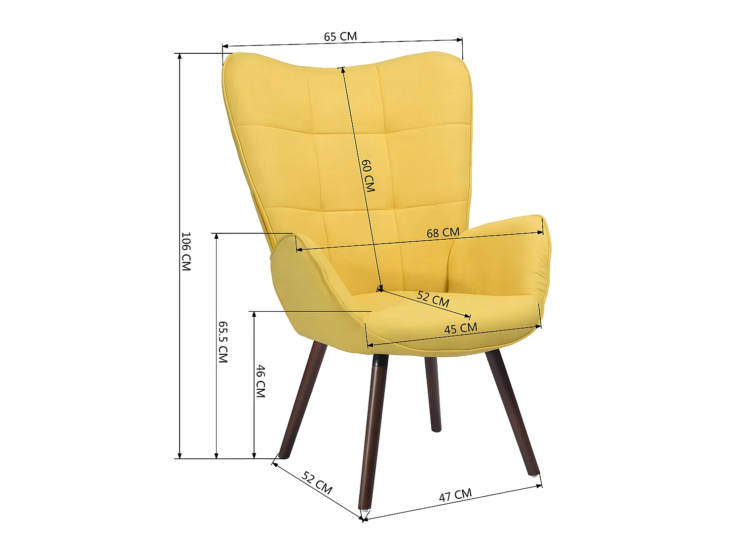 Fauteuil de Salon Canapé 1 Place avec Un Revêtement en Tissu Jaune, des Accoudoirs Rembourés et des Pieds en Bois Massif Hêtre