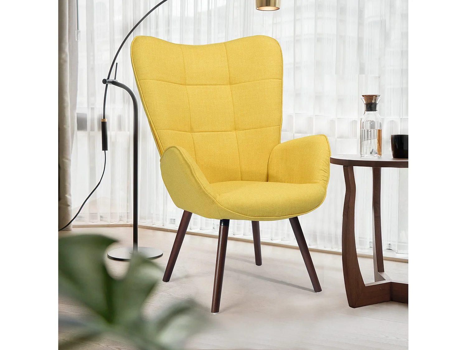 Fauteuil de Salon Canapé 1 Place avec Un Revêtement en Tissu Jaune, des Accoudoirs Rembourés et des Pieds en Bois Massif Hêtre