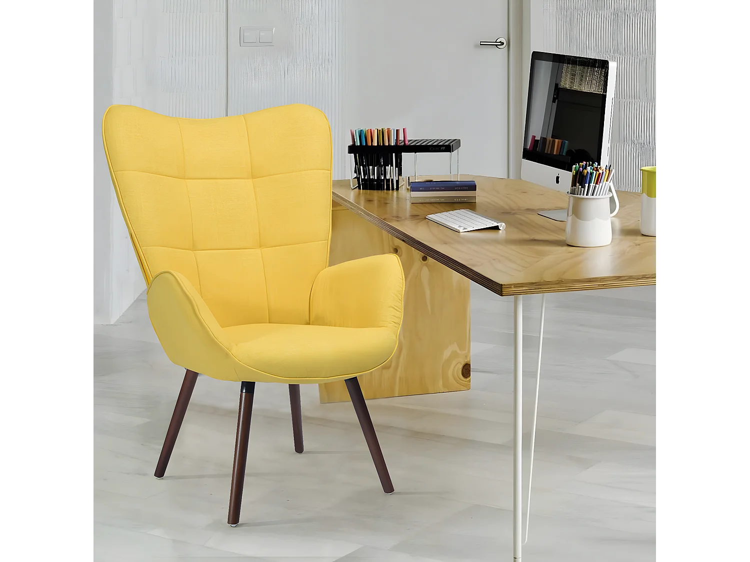 Fauteuil de Salon Canapé 1 Place avec Un Revêtement en Tissu Jaune, des Accoudoirs Rembourés et des Pieds en Bois Massif Hêtre