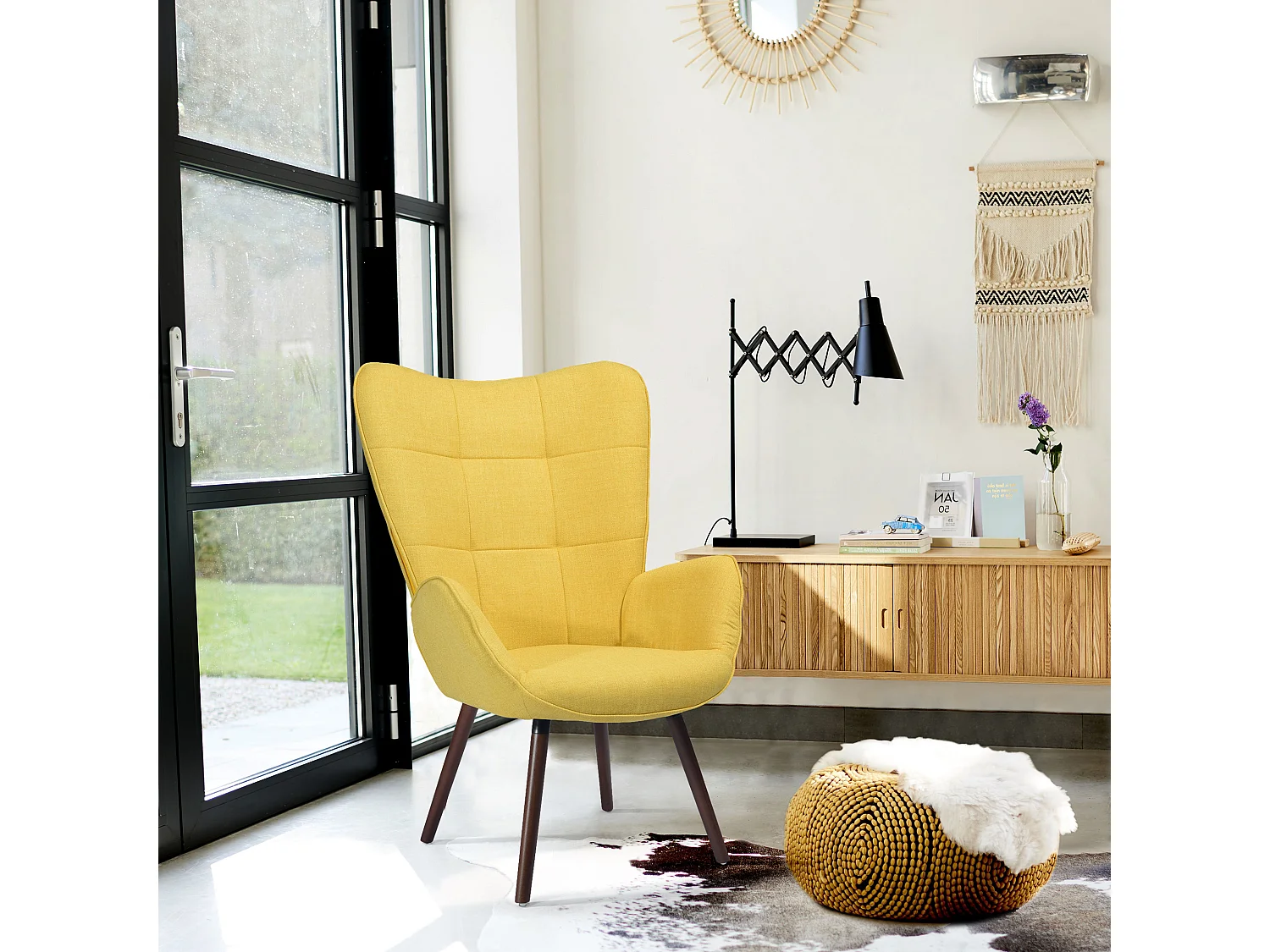 Fauteuil de Salon Canapé 1 Place avec Un Revêtement en Tissu Jaune, des Accoudoirs Rembourés et des Pieds en Bois Massif Hêtre