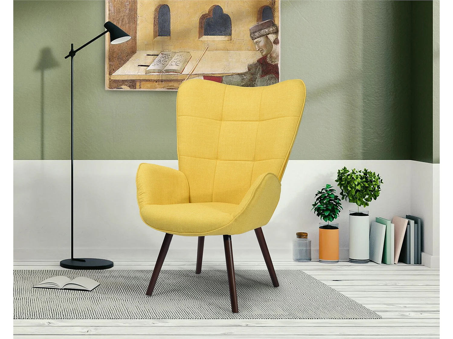 Fauteuil de Salon Canapé 1 Place avec Un Revêtement en Tissu Jaune, des Accoudoirs Rembourés et des Pieds en Bois Massif Hêtre