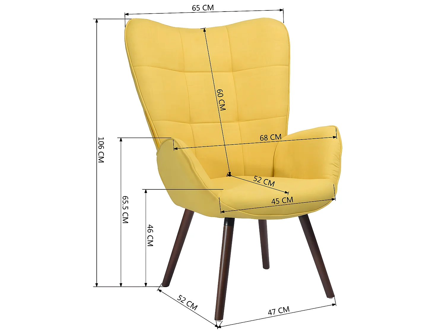 Fauteuil de Salon Canapé 1 Place avec Un Revêtement en Tissu Jaune, des Accoudoirs Rembourés et des Pieds en Bois Massif Hêtre