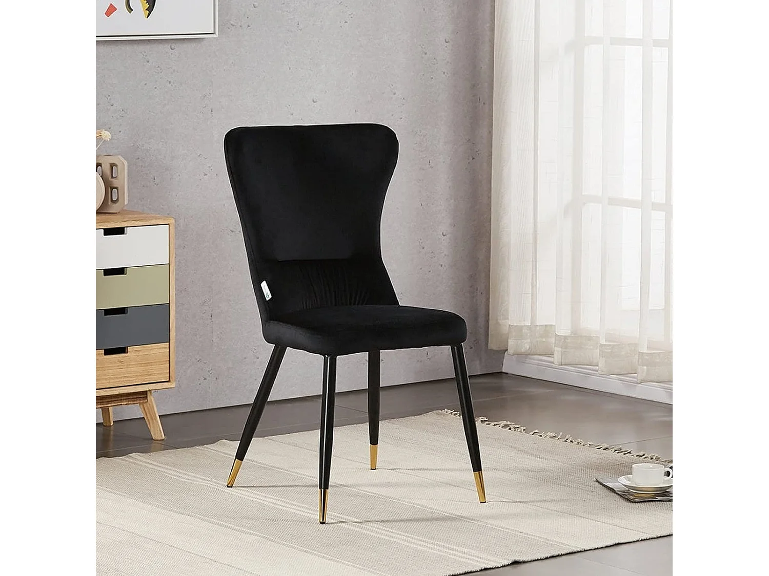 NEW YORK - Lot de 4 Chaises Rétro en Velours Noir - Pieds Coloris Noir & Doré