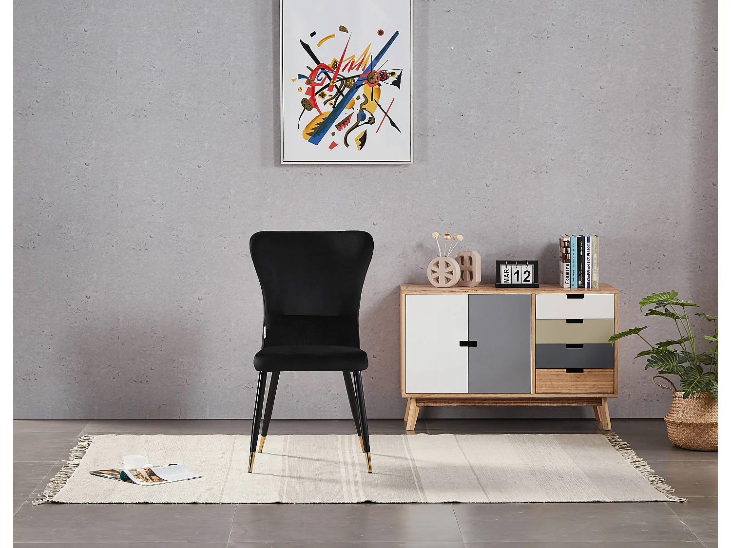 NEW YORK - Lot de 4 Chaises Rétro en Velours Noir - Pieds Coloris Noir & Doré