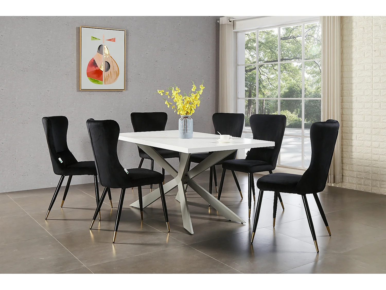 NEW YORK - Lot de 4 Chaises Rétro en Velours Noir - Pieds Coloris Noir & Doré