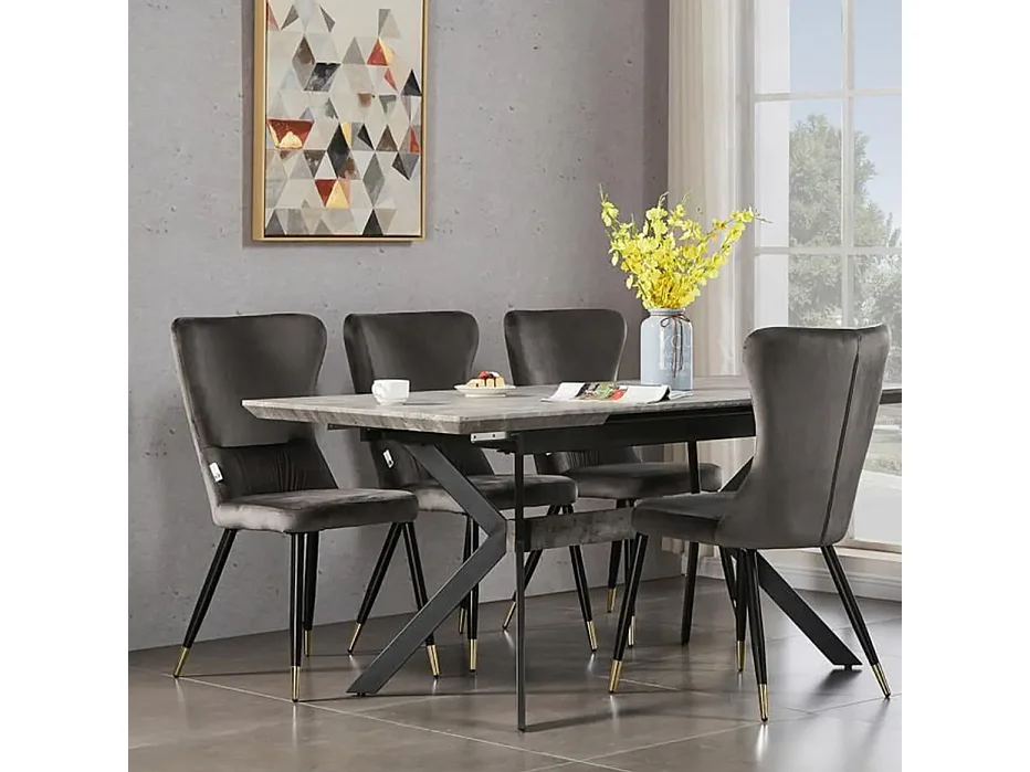 NEW YORK - Lot de 4 Chaises Rétro en Velours Gris - Pieds Coloris Noir & Doré