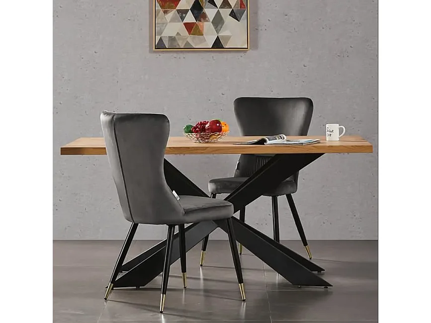 NEW YORK - Lot de 4 Chaises Rétro en Velours Gris - Pieds Coloris Noir & Doré