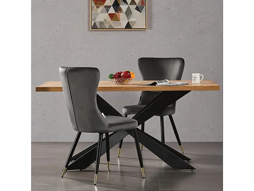 NEW YORK - Lot de 4 Chaises Rétro en Velours Gris - Pieds Coloris Noir & Doré