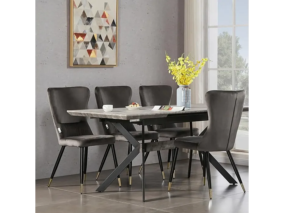 NEW YORK - Lot de 4 Chaises Rétro en Velours Gris - Pieds Coloris Noir & Doré