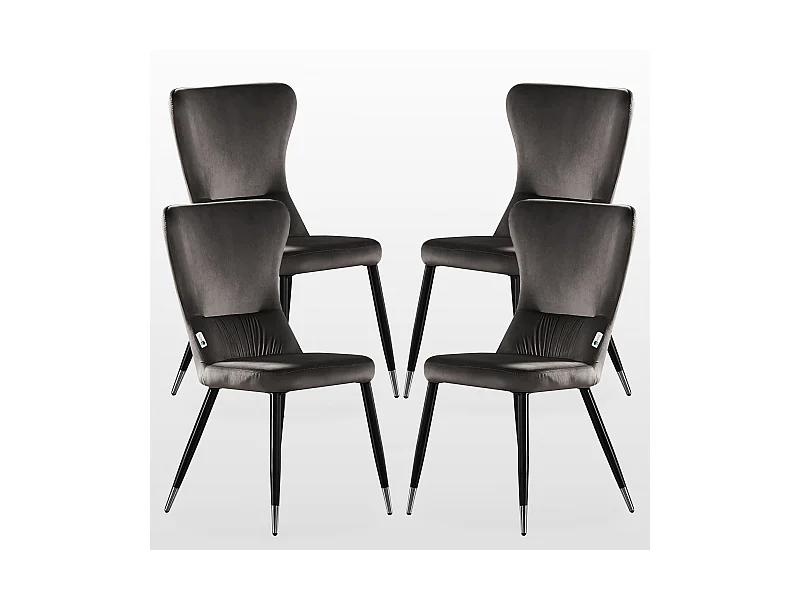 NEW YORK - Lot de 4 Chaises Rétro en Velours Gris - Pieds Coloris Noir & Métal