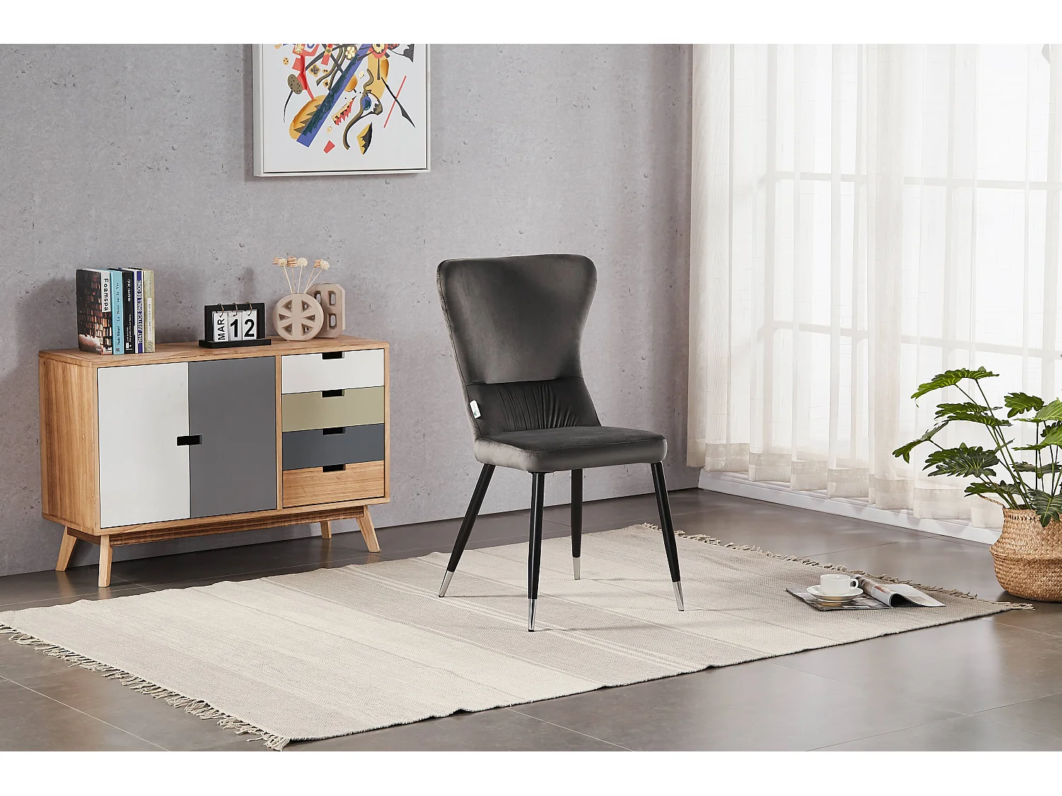 NEW YORK - Lot de 4 Chaises Rétro en Velours Gris - Pieds Coloris Noir & Métal