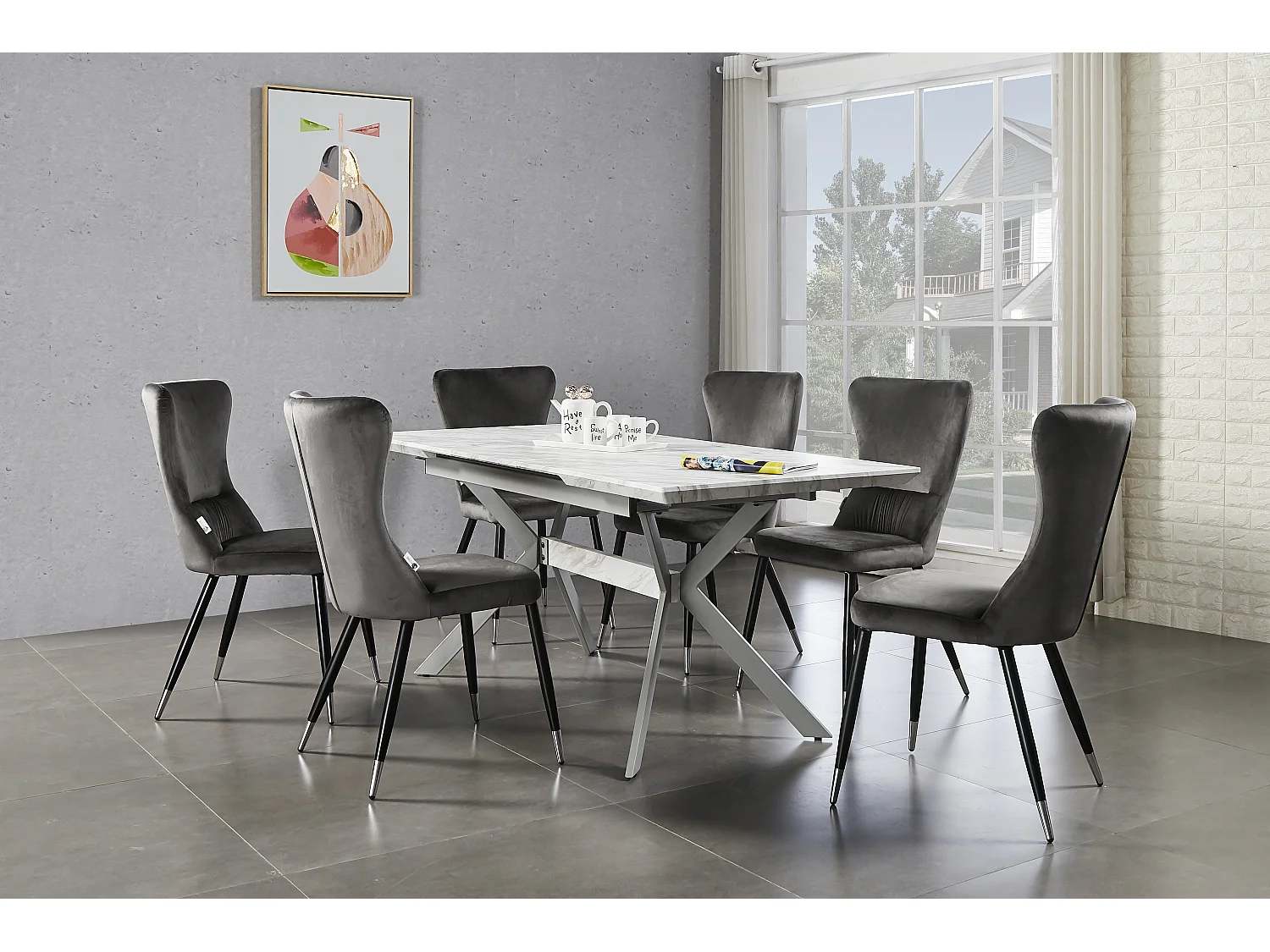 NEW YORK - Lot de 4 Chaises Rétro en Velours Gris - Pieds Coloris Noir & Métal