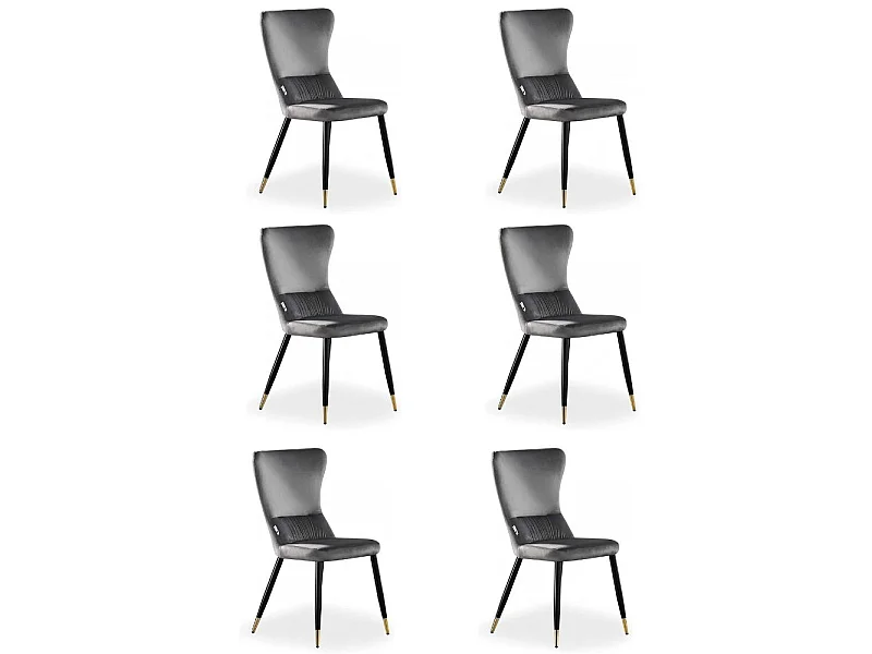 NEW YORK - Lot de 6 Chaises Rétro en Velours Gris clair - Pieds Coloris Noir & Doré