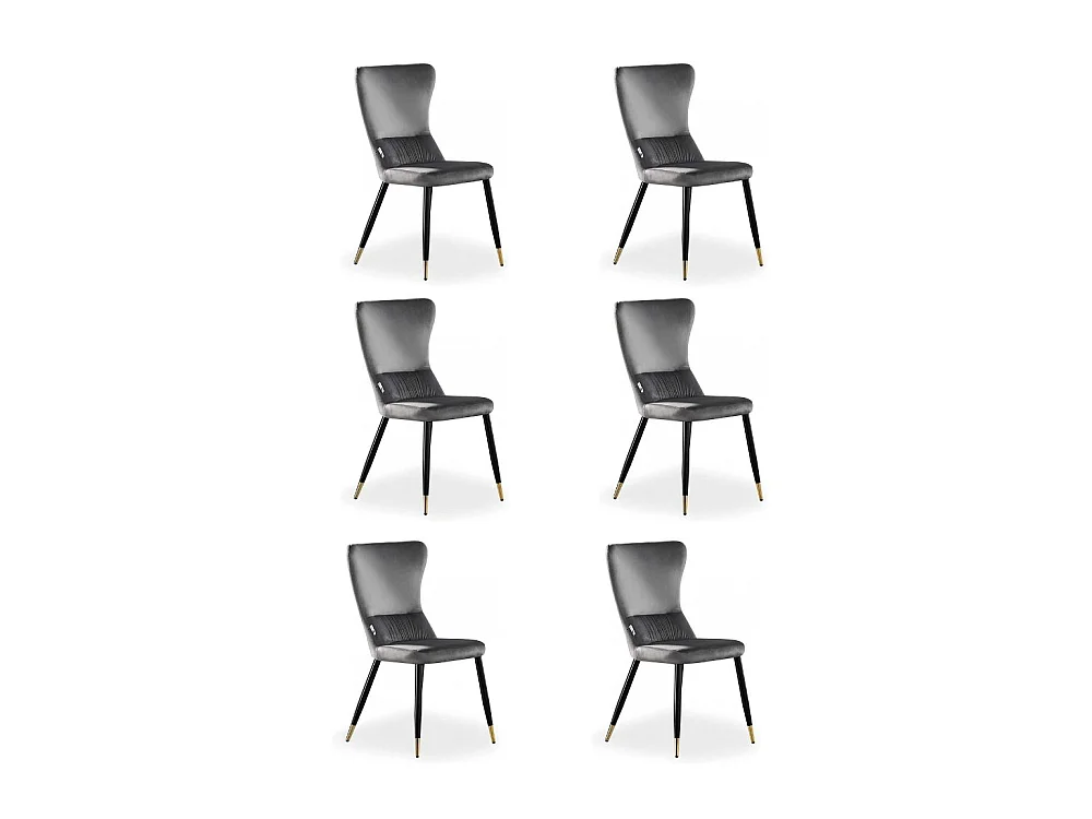 NEW YORK - Lot de 6 Chaises Rétro en Velours Gris clair - Pieds Coloris Noir & Doré