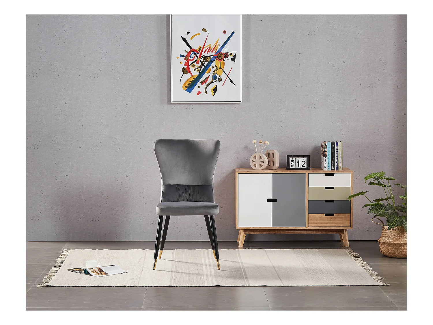 NEW YORK - Lot de 6 Chaises Rétro en Velours Gris clair - Pieds Coloris Noir & Doré