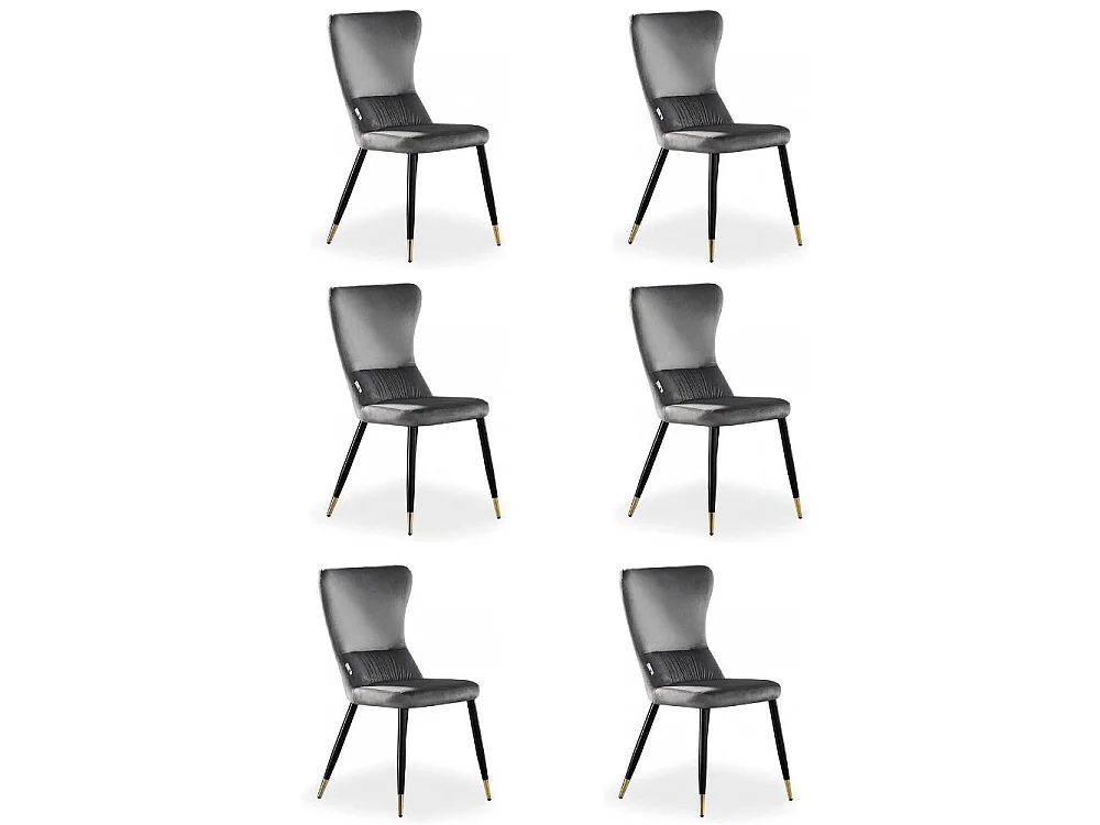 NEW YORK - Lot de 6 Chaises Rétro en Velours Gris clair - Pieds Coloris Noir & Doré