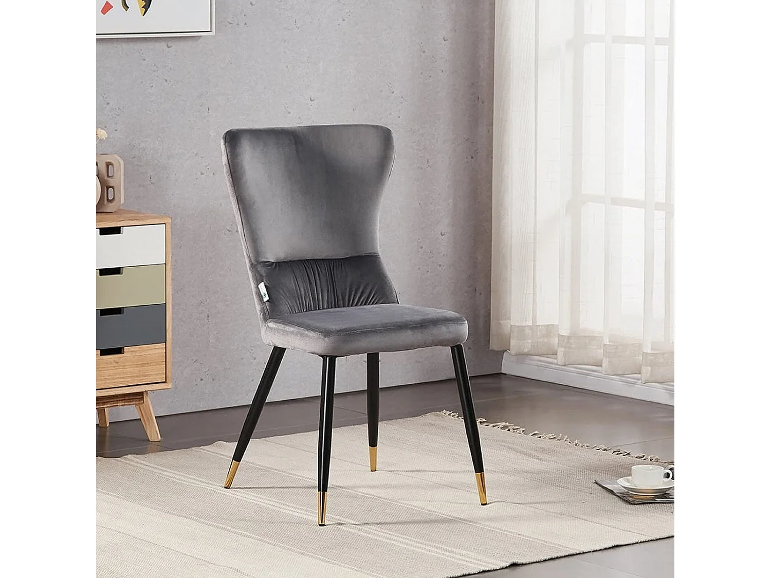 NEW YORK - Lot de 6 Chaises Rétro en Velours Gris clair - Pieds Coloris Noir & Doré