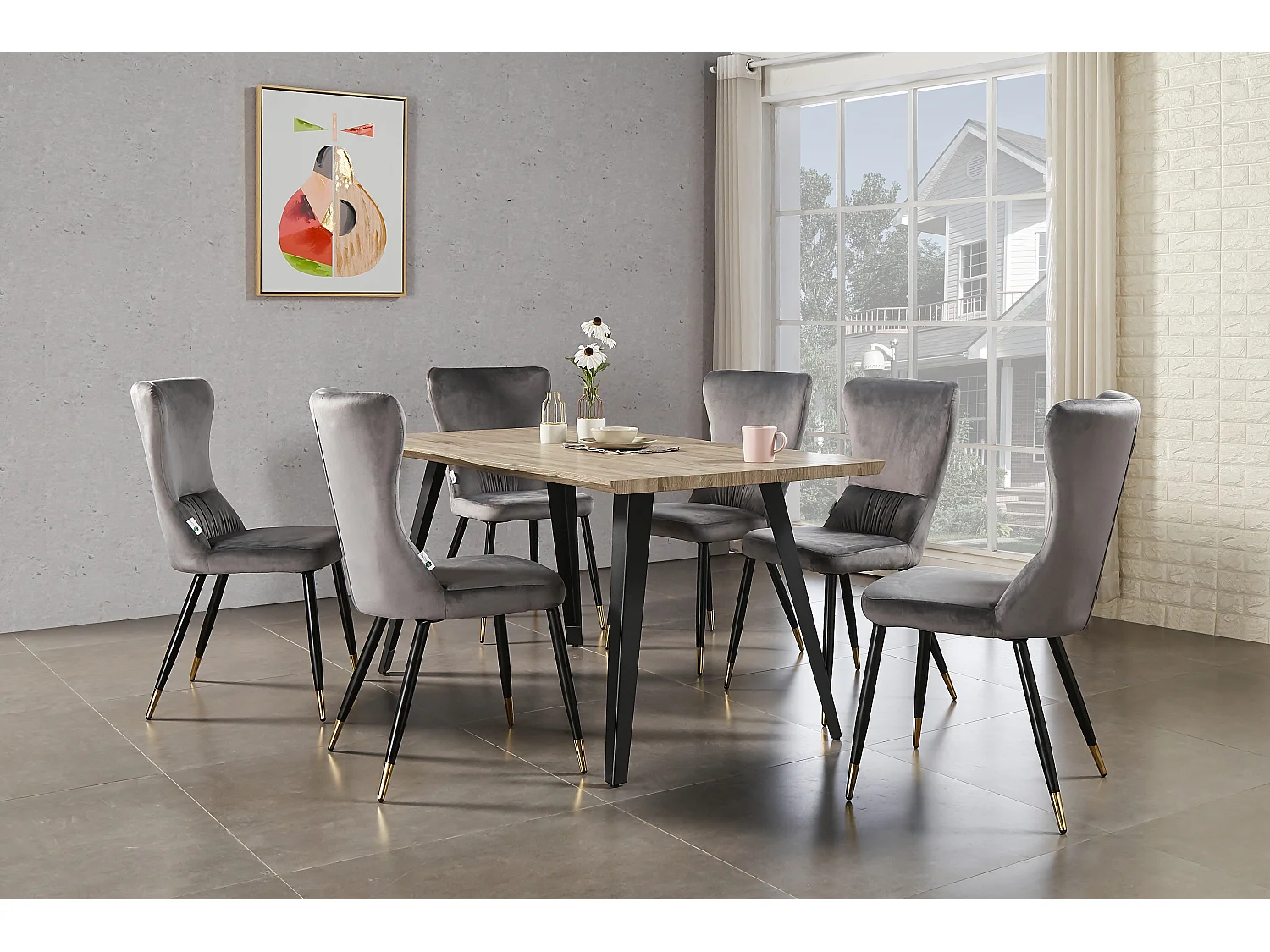 NEW YORK - Lot de 6 Chaises Rétro en Velours Gris clair - Pieds Coloris Noir & Doré