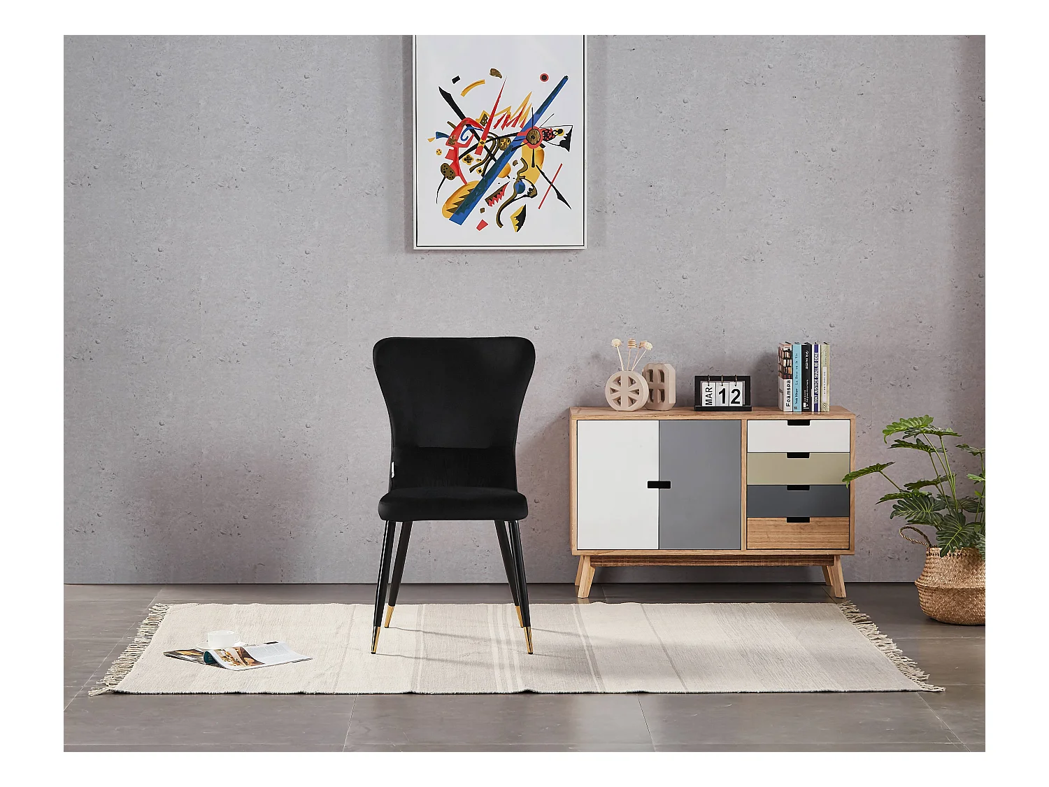 NEW YORK - Lot de 2 Chaises Rétro en Velours Noir - Pieds Coloris Noir & Doré