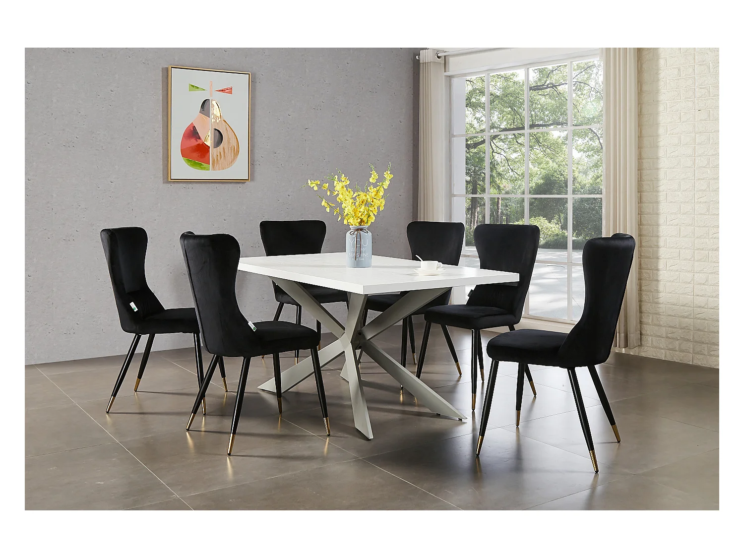 NEW YORK - Lot de 2 Chaises Rétro en Velours Noir - Pieds Coloris Noir & Doré