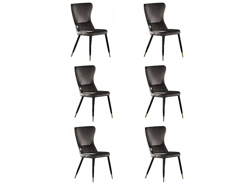 NEW YORK - Lot de 6 Chaises Rétro en Velours Gris - Pieds Coloris Noir & Doré