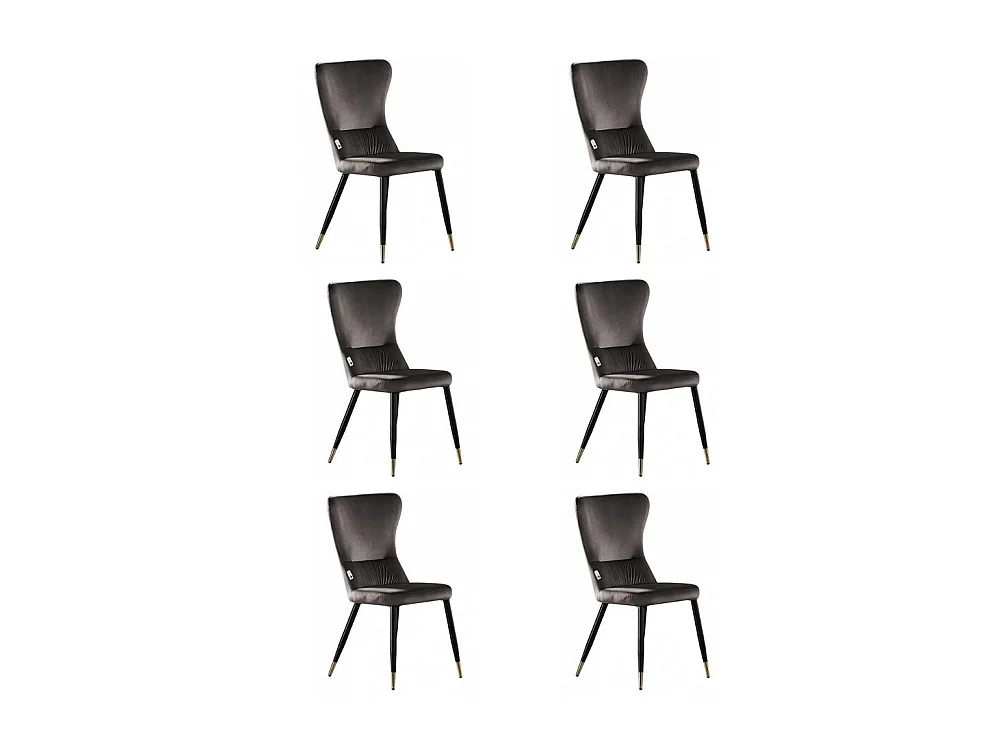 NEW YORK - Lot de 6 Chaises Rétro en Velours Gris - Pieds Coloris Noir & Doré