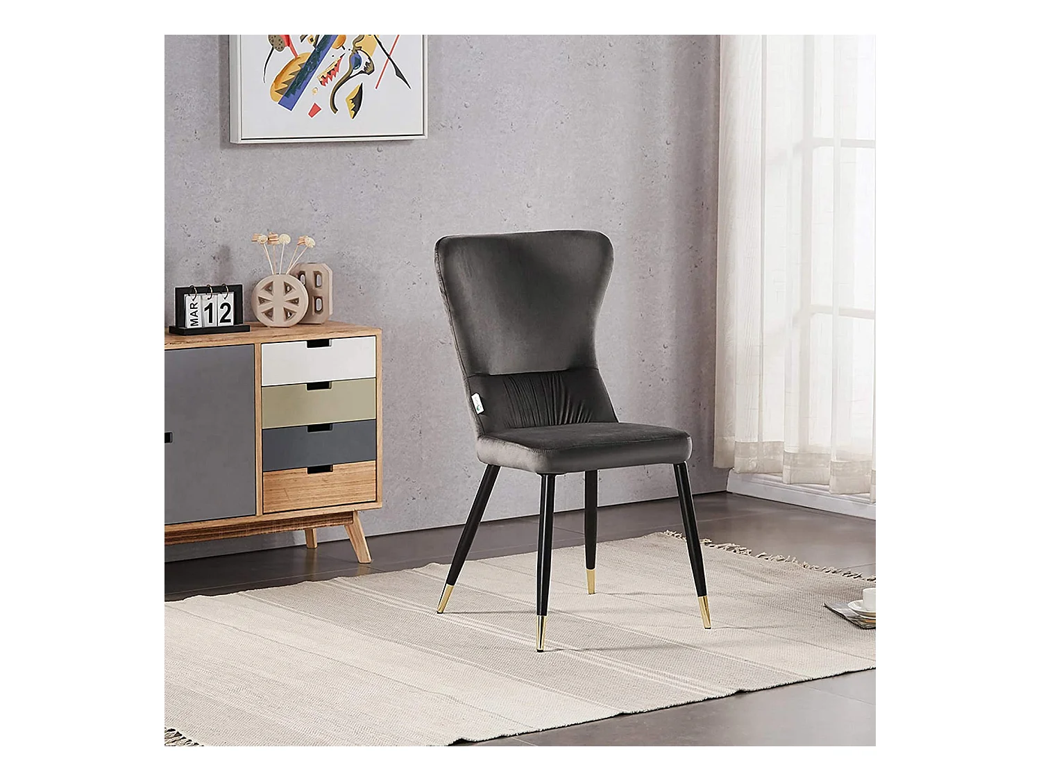 NEW YORK - Lot de 6 Chaises Rétro en Velours Gris - Pieds Coloris Noir & Doré