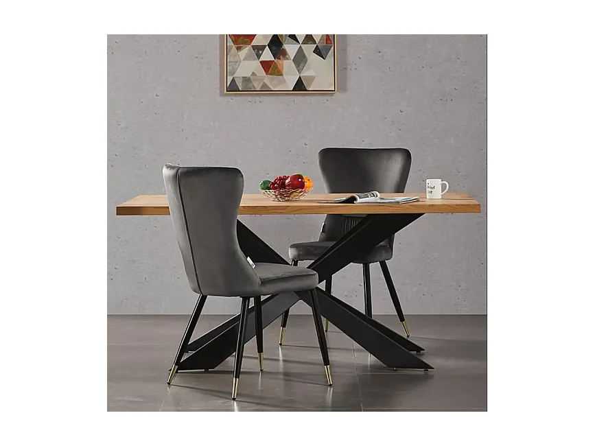 NEW YORK - Lot de 6 Chaises Rétro en Velours Gris - Pieds Coloris Noir & Doré