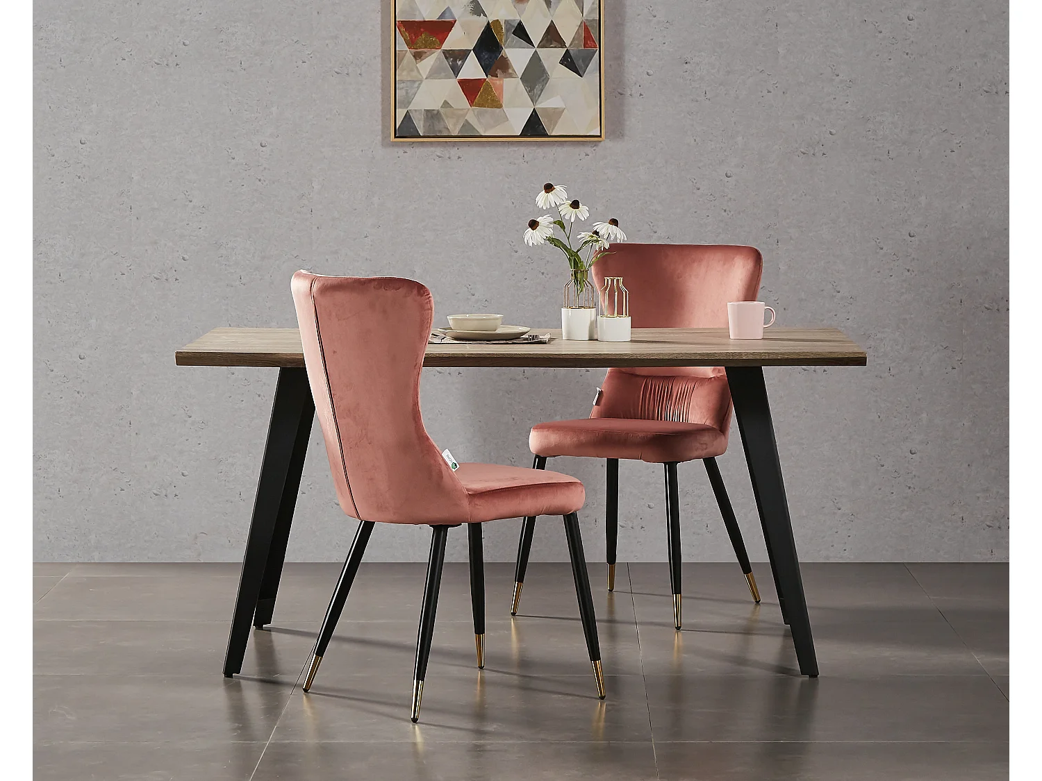 NEW YORK - Lot de 2 Chaises Rétro en Velours Rose - Pieds Coloris Noir & Doré