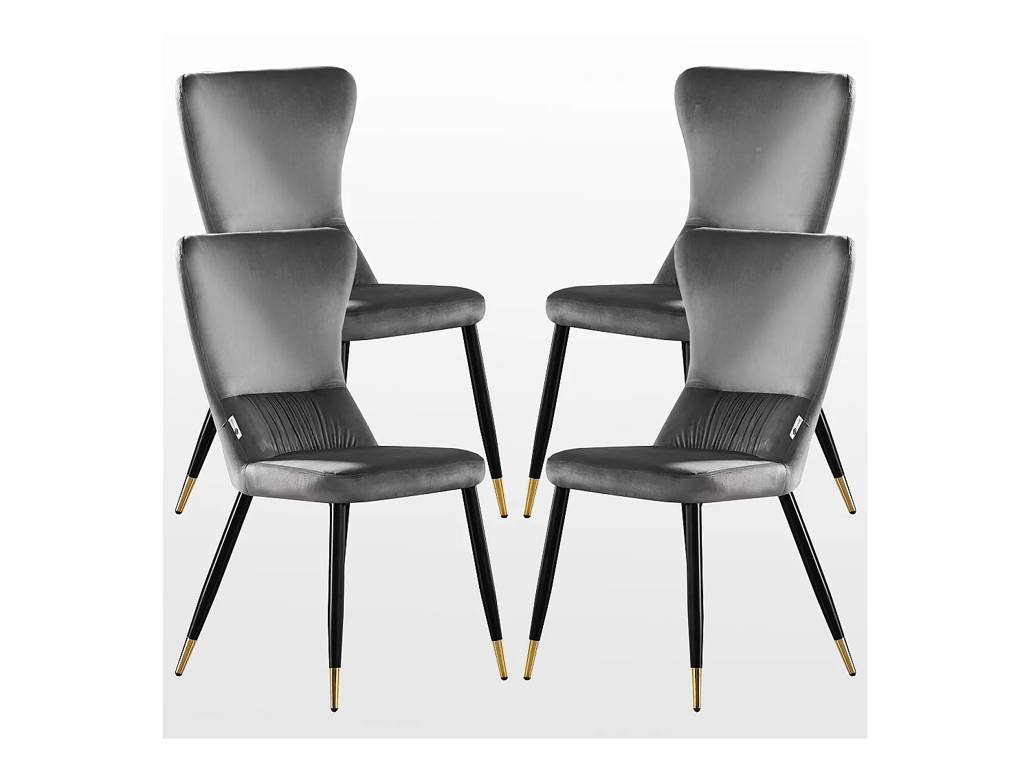 NEW YORK - Lot de 4 Chaises Rétro en Velours Gris clair - Pieds Coloris Noir & Doré