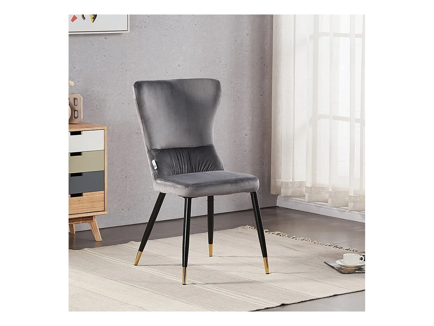 NEW YORK - Lot de 4 Chaises Rétro en Velours Gris clair - Pieds Coloris Noir & Doré