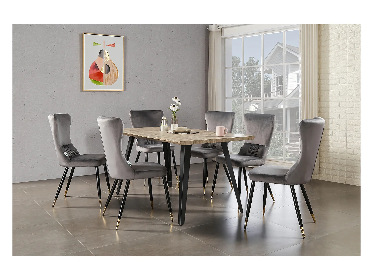 NEW YORK - Lot de 4 Chaises Rétro en Velours Gris clair - Pieds Coloris Noir & Doré